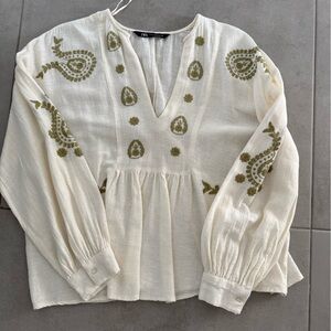 Zara Cream Blouse with Olive Embroidery